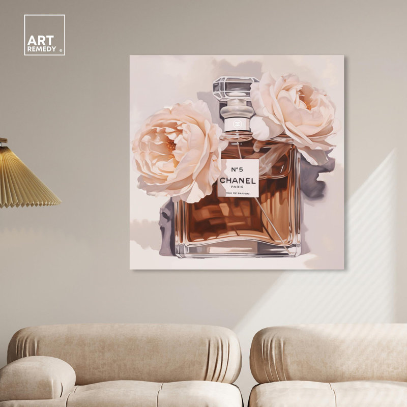 12" x 12" Beige and Brown Canvas Floral Perfume Art