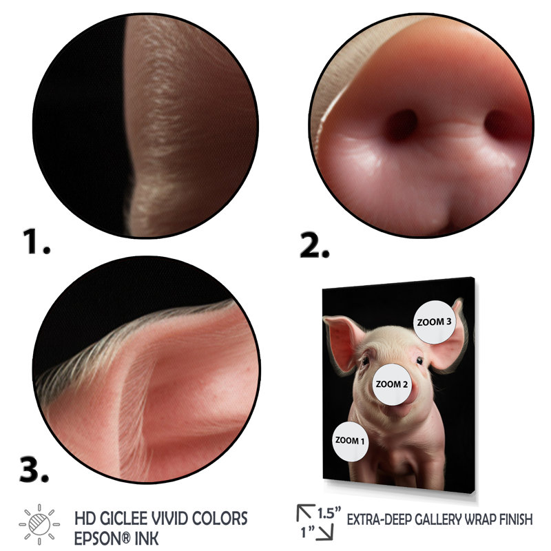 Cochon rose curieux sur toile, Cadre naturel flottant, H 44 po x l 34 po x P 1,5 po