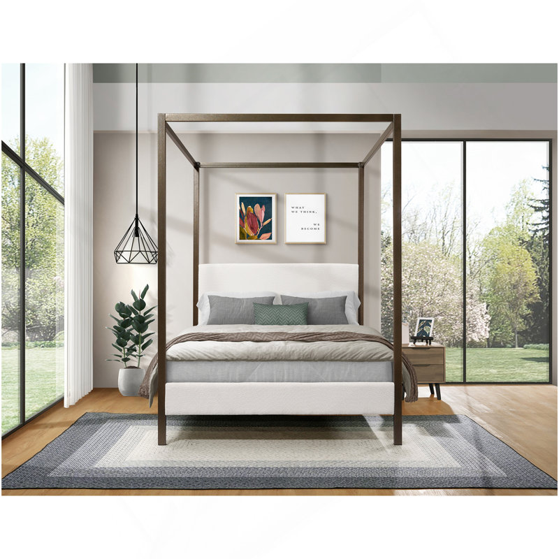 Lit à baldaquin rembourré Industrial Luxe, Cuivre / Blanc, Lit double