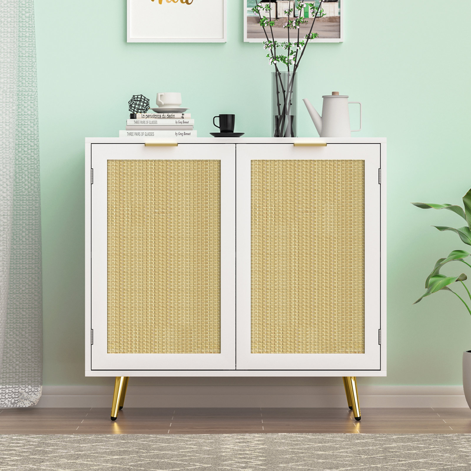 Clearance! Wicker Storage Cabinet, 2-Door High Cabinet, Sideboard, Rattan,  Wooden MDF Board, Dining Room, Natural Color