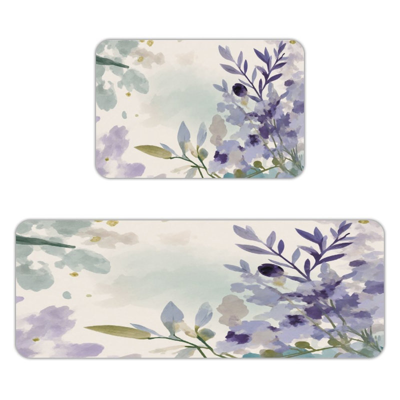Soft Purple Florals, 2 Pcs Non Slip Kitchen Mats, Purple/Green Floral