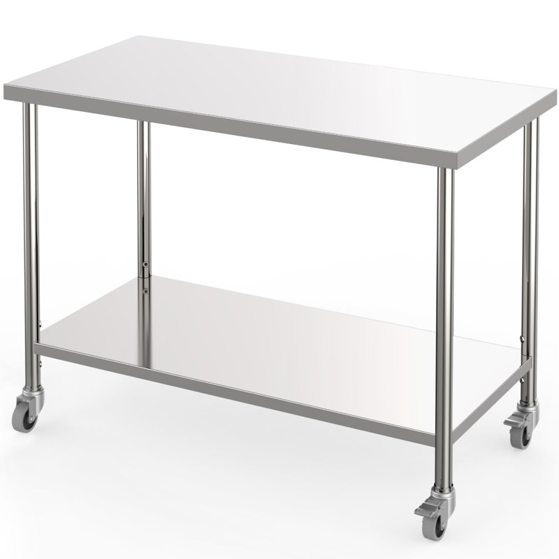 Table de travail commerciale robuste en acier inoxydable – Plan de travail à 2 niveaux avec tablette inférieure réglable – Table utilitaire de restaurant certifiée NSF – Argent – ​​152 x 61 x 89 cm – Avec roulettes