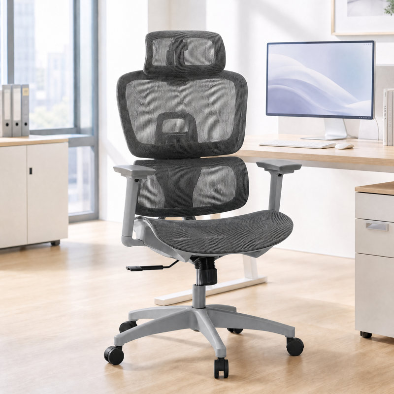 Chaise de bureau ergonomique grande taille en maille avec appui-tête et soutien lombaire réglables, accoudoirs 3D, inclinaison verrouillable de 90° à 125°, dossier haut, idéale pour le télétravail et le travail à domicile.