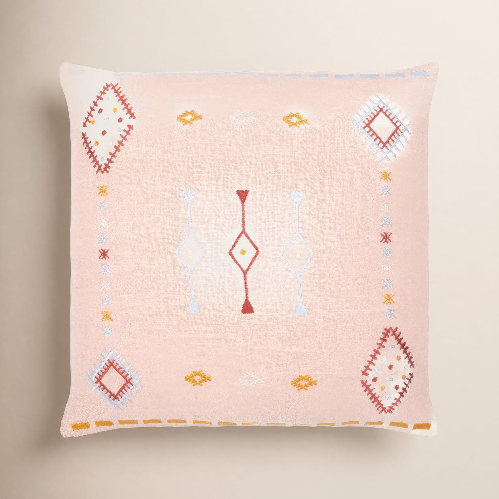 Decatur Embroidered Cotton Throw Pillow, 20" x 20", Dusty Pink/Pale Blue/Mustard, Down