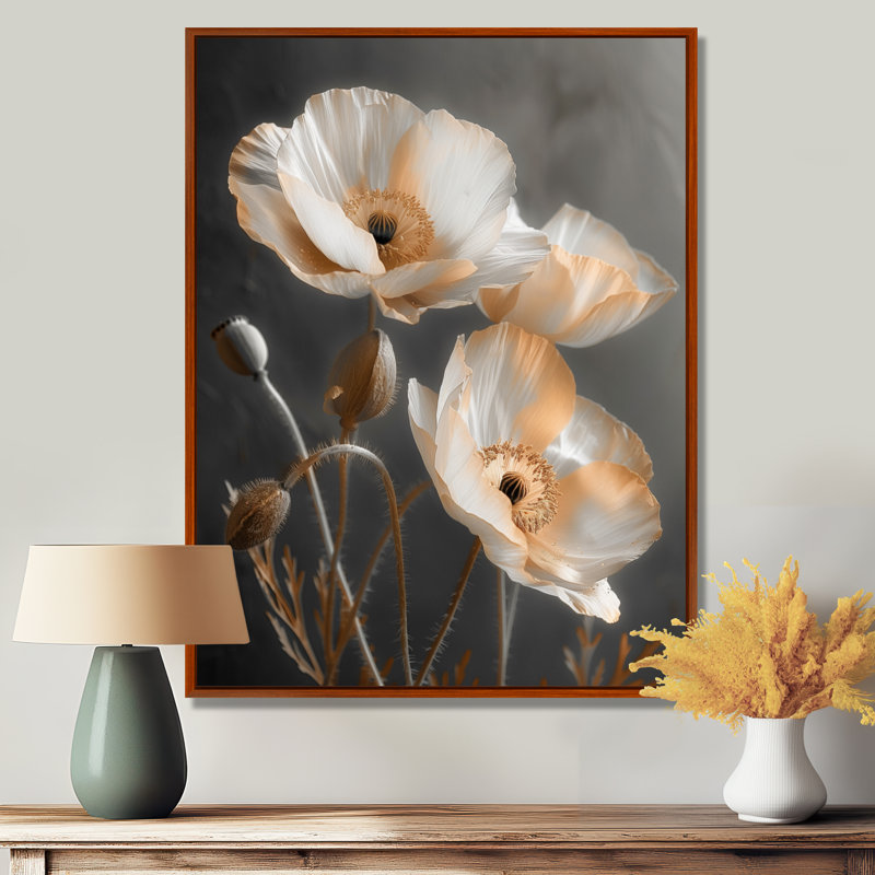 Coquelicots blancs et gris rétro - décoration murale coquelicots, Toile avec cadre flottant brun, H 32 po x l 24 po x P 1 po