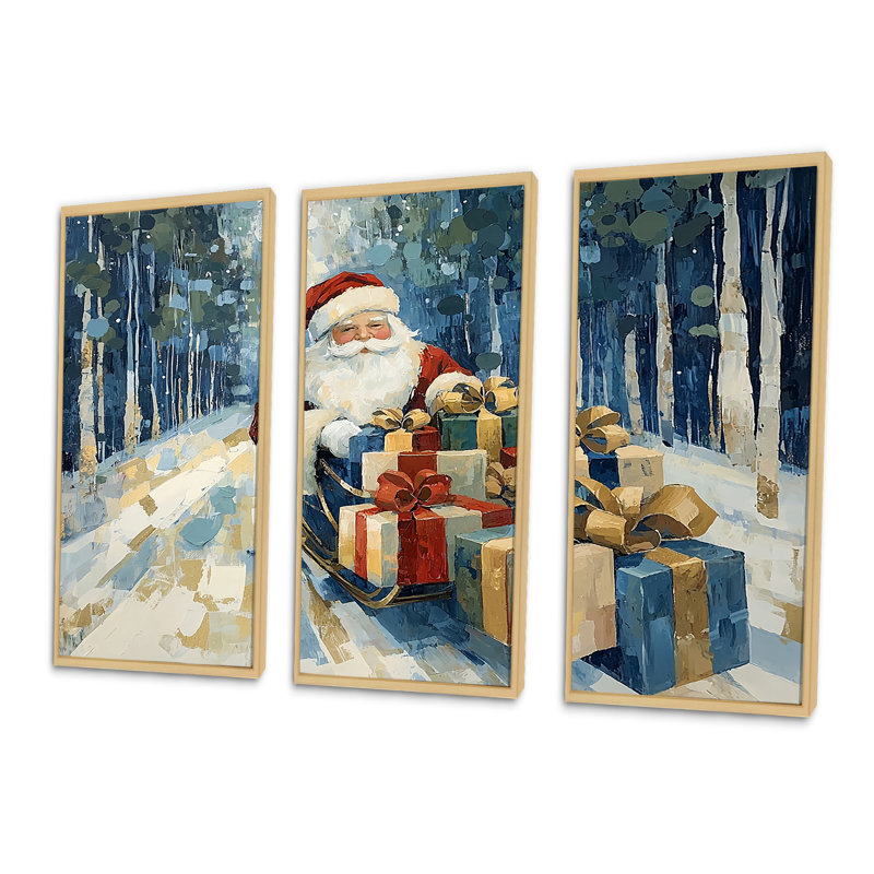 Christmas Santa Red Gift Giving - Christmas Santa Deer Wall Art Living Room, ensemble, Toile naturelle avec cadre flottant