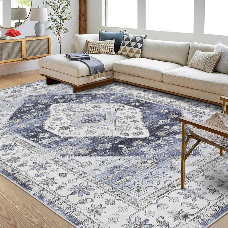 Oriental Machine Washable Area Rug with Rubber Backing for Living Room Non-Slip Indoor Carpet Low-Pile Rug for Bedroom Dining Room Hallway Kitchen Office Playroom Nursery