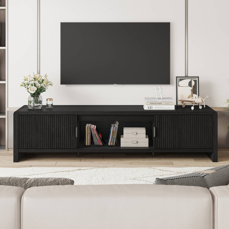 Guinna 63'' Modern Farmhouse TV Stand With Wave-Pattern Doors And Rounded Corners, Fits Tvs Up To 75'', Wooden Media Console With Storage & Cable Management