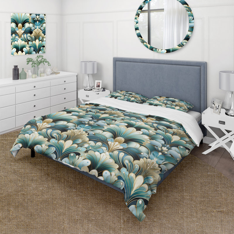 Ensemble de housse de couette art déco années 70 en émeraude et blanc, Housse de couette pour très grand lit et 2 très