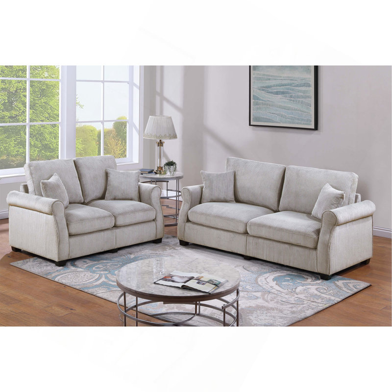 Ensemble de canapés de style contemporain 2 pièces Luxueux siège rembourré en velours côtelé avec pieds en bois et coussin principal inclus