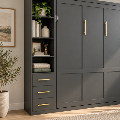 Grand lit escamotable vertical Gasvella avec armoire de rangement latérale réversible, lit rabattable, 26 lattes de support en bois massif, structure en métal, piston à gaz à deux niveaux, pieds automatiques