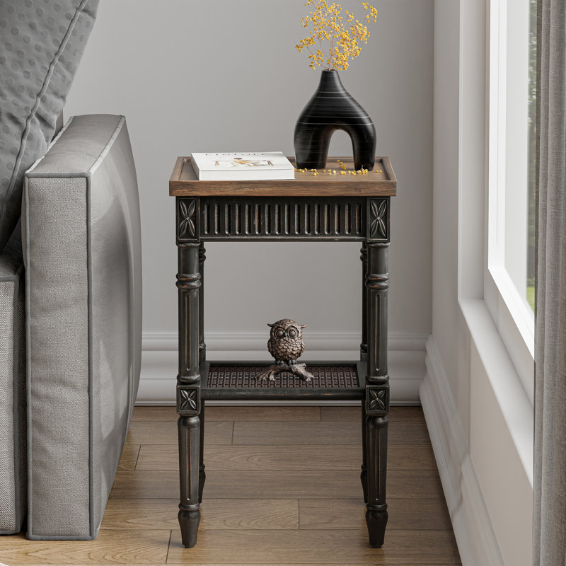 Table de bout carrée rustique avec plateau espresso et tablette tissée Psoma, Noir