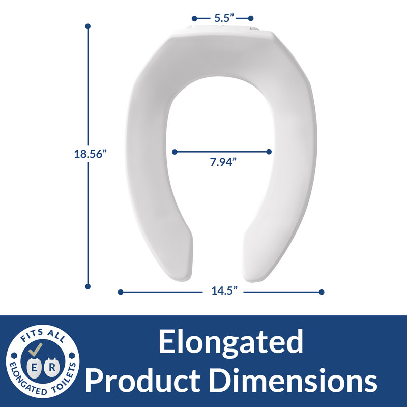 1955CT Commercial Heavy Duty Open Front Toilet Seat, Never Loosen, ELONGATED, Plastic, White, 2-Pack