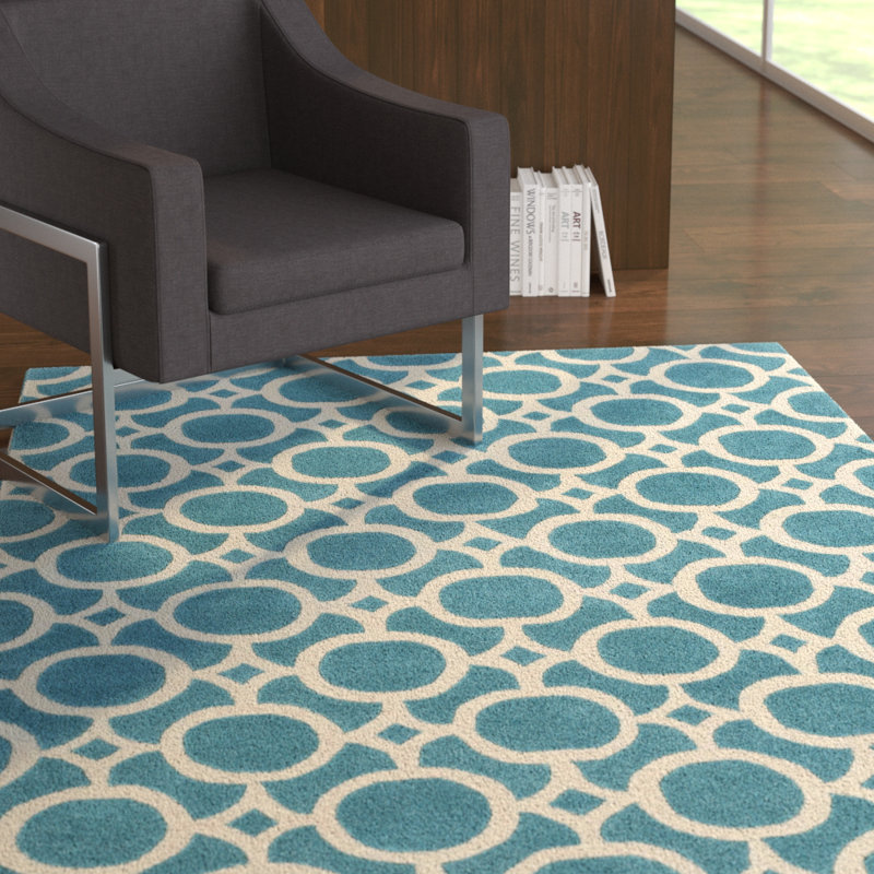 Tapis décoratif turquoise/beige en laine Touffeté à la main à motif géométrique Murata, Rectangle 9 pi x 13 pi