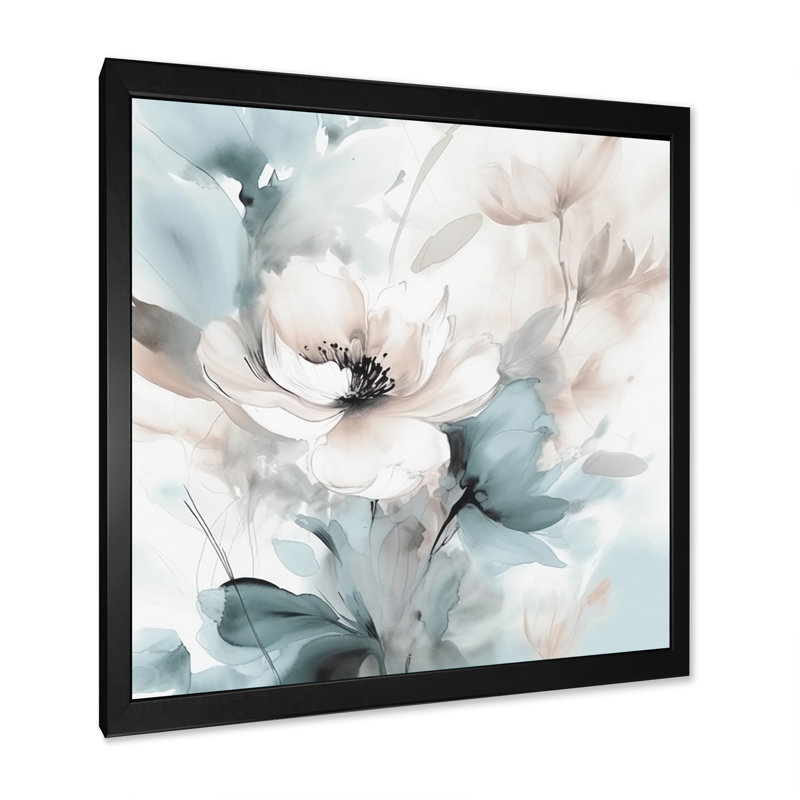 Fleurs délicates grises I - art mural floral, salon, Cadre photo noir, L 16 po x H 16 po