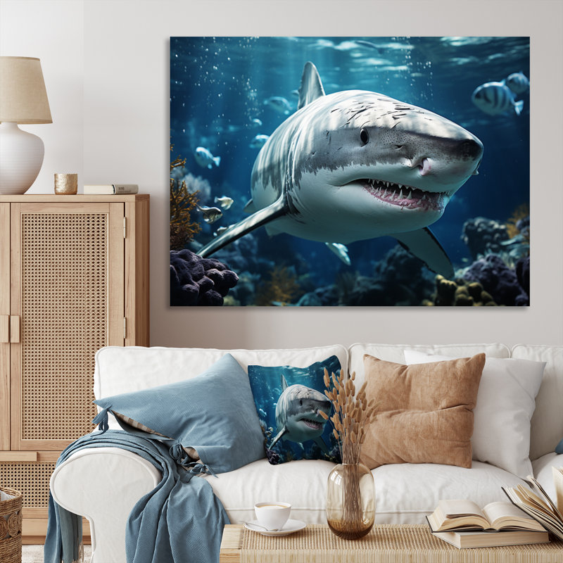 " Teal Gray Shark Marine Symphony ", 16" H x 32" W x 1" D, Wrapped Canvas