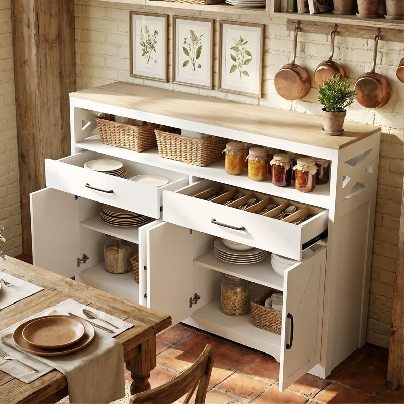 140cm Large Farmhouse Sideboard with X-Frame Design, 2 Drawers & 2-Door Cabinet, Scandinavian Kitchen Storage Console,  White & Oak
