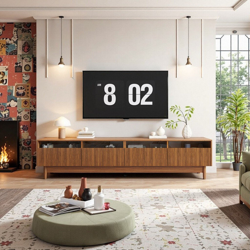78.7" Large TV Stand for 75-85 Inch TVs, Modern Entertainment Center with Glass Drawers & Solid Wood Legs
