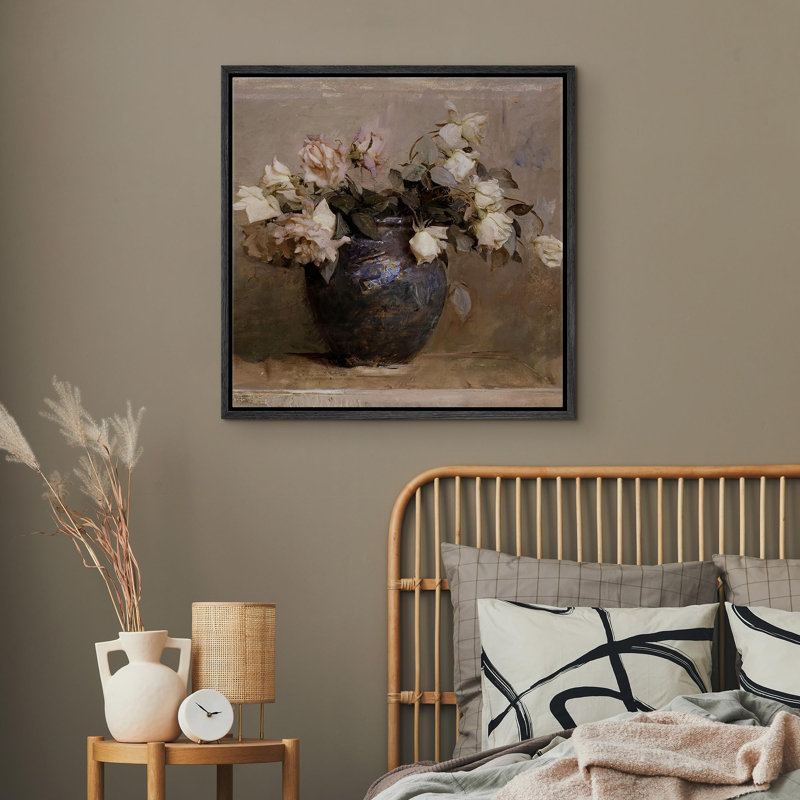 Impressionnistes roses dans un vase texturé, nature morte, nature sauvage, illustrations rustiques zen encadrées sur toile