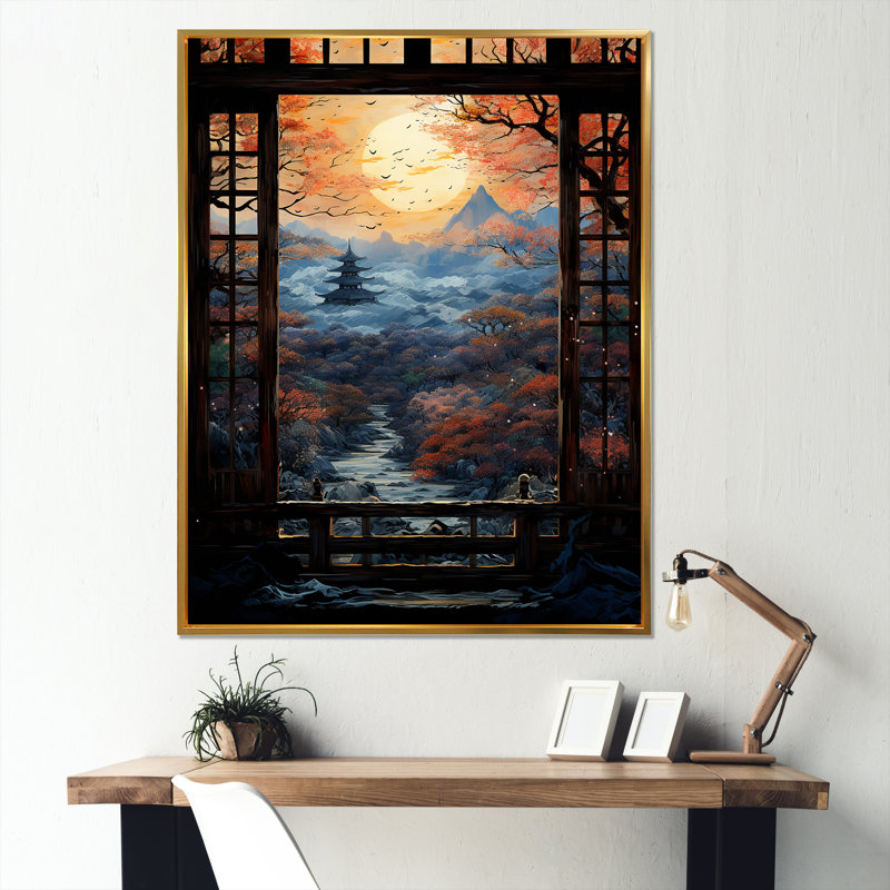 Art japonais, vue sur la montagne, art mural, Cadre flottant doré, H 32 po x l 16 po x P 1 po