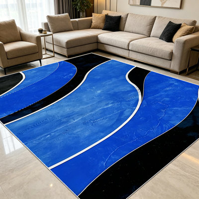 1PC modern abstract wavy royal blue and black geometric area rugs for Living Room, Soft and Comfortable, Suitable for all seasons, easy-to-maintain, machine washable Indoor floor mat, Under Table Farmhouse suitable for dining table, bedroom.