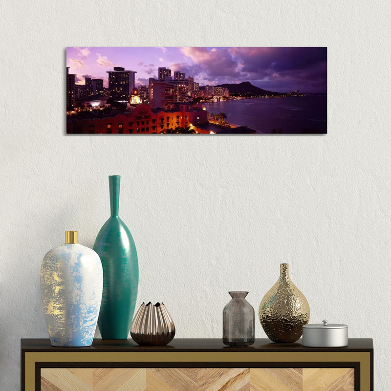 Buildings Lit Up at Dusk, Waikiki, Oahu, Hawaii, USA 1 Piece Wrapped Canvas Panoramic Wall Art