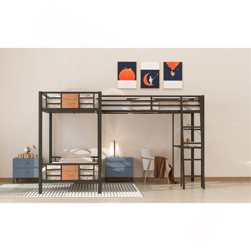 Lit superposé simple en L avec lit mezzanine simple avec bureau et tablette en L, brun