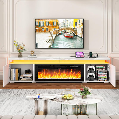 Mandyu White Fireplace TV Stand – 71" Modern LED Media Console With 40" Electric Fireplace, Power Outlet, And 2 Storage Cabinets For Tvs Up To 80"