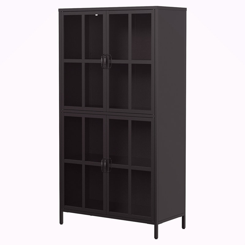 Premium Black Metal Storage Cabinet With Tempered Glass Doors, Adjustable Shelves, Anti-Tipping Device, Magnetic Silent Closure, And Adjustable Feet For Home And Office Use