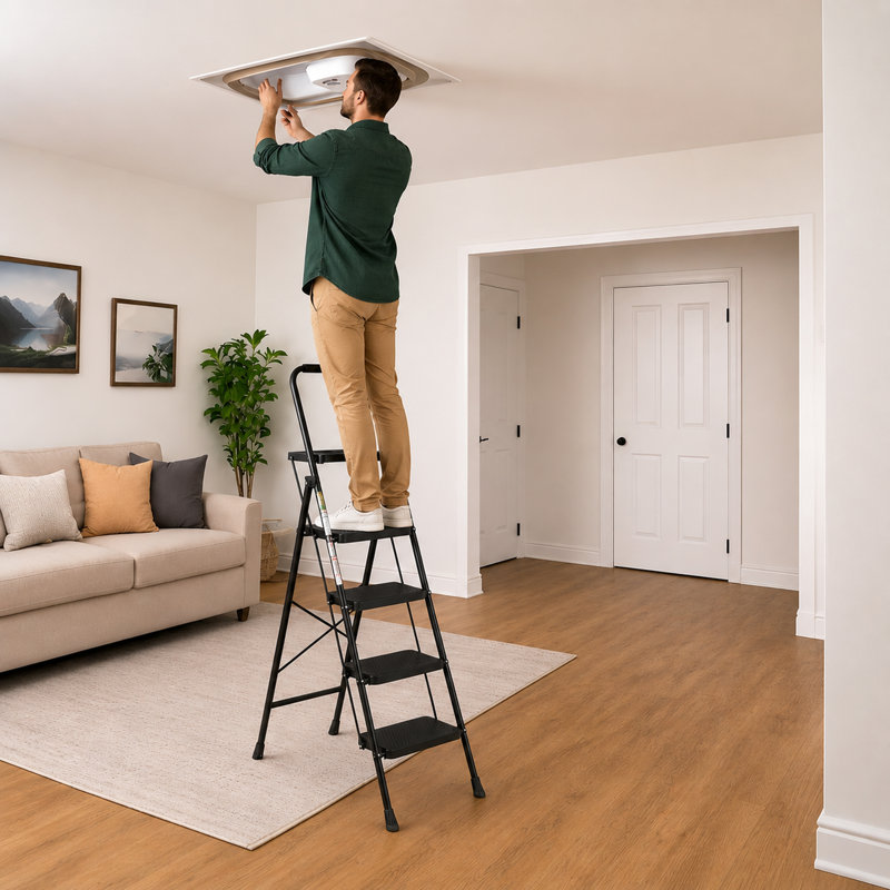 Escabeau 4 marches avec rampe, capacité de 363 kg (800 lb), certifié ANSI, pliable, avec large pédale antidérapante, en acier léger, portable et pliable, idéal pour la cuisine, le garage, le bureau et les adultes, noir.