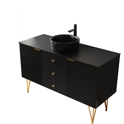 Freestanding 48" Bathroom Vanity With White Rectangular Stone Pattern Ceramic Vessel Basin, Gold Legs, 3 Drawers, 2 Doors, Black Sintered Surface, Pre - Assembled For Simple Setup Toned Metal