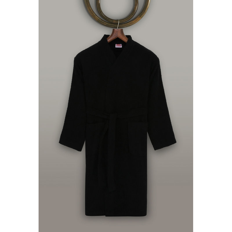 Peignoir 100% coton mi-mollet garçon avec poches, Noir