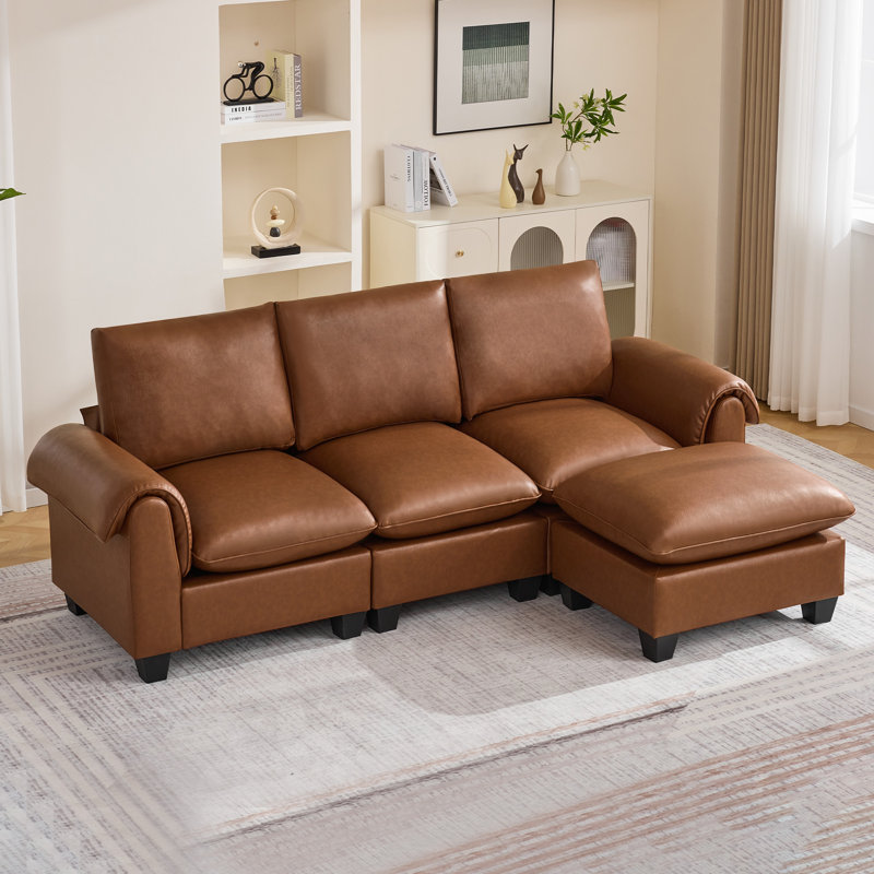 Canapé modulaire en forme de L 96 po avec repose-pieds 96 po, Similicuir brun