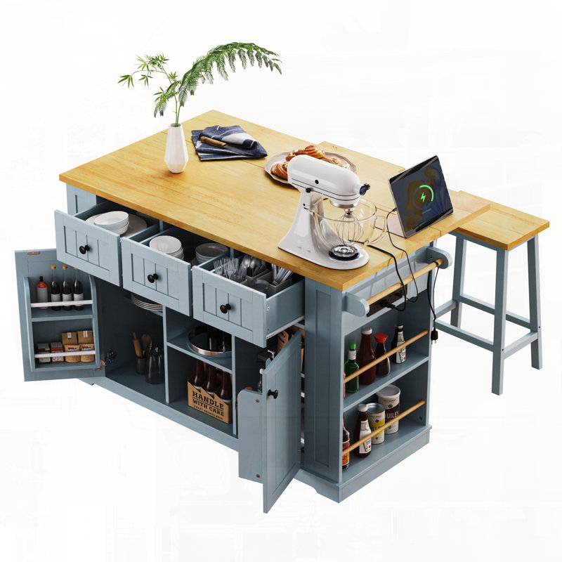 Mobile Kitchen Island with Drop Leaf and Open Side Storage Racks, Gray Blue