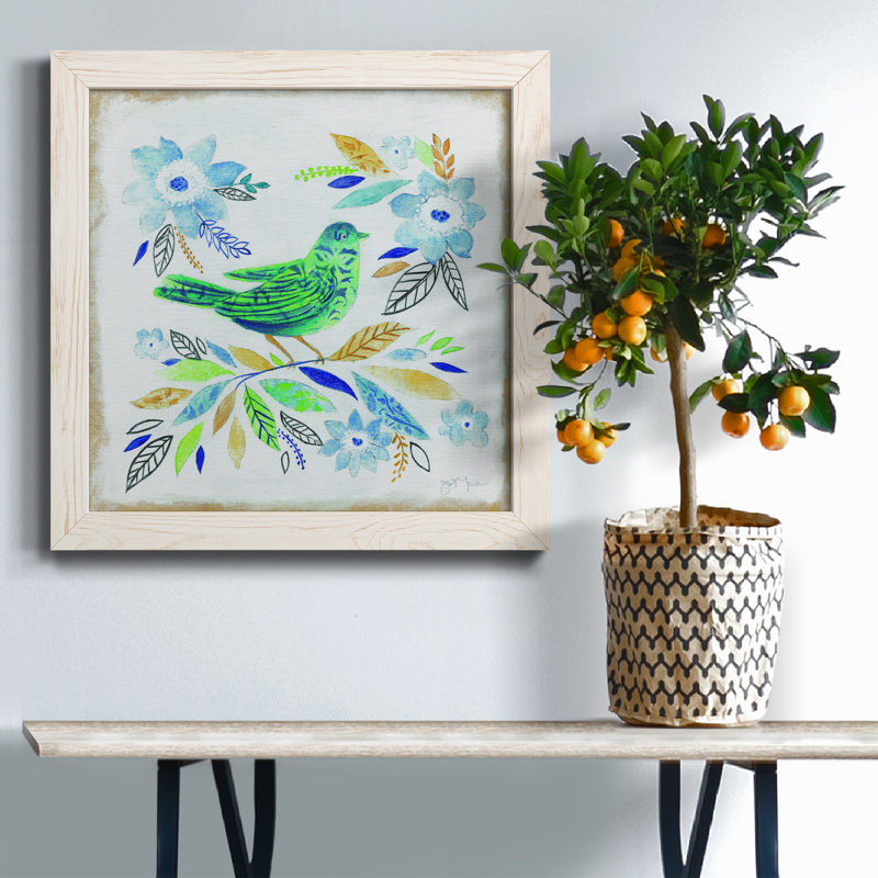 Oiseau Chanteur I - peinture sur toile encadrée, Cadre blanc, H 17 po x l 17 po x P 1,5 po
