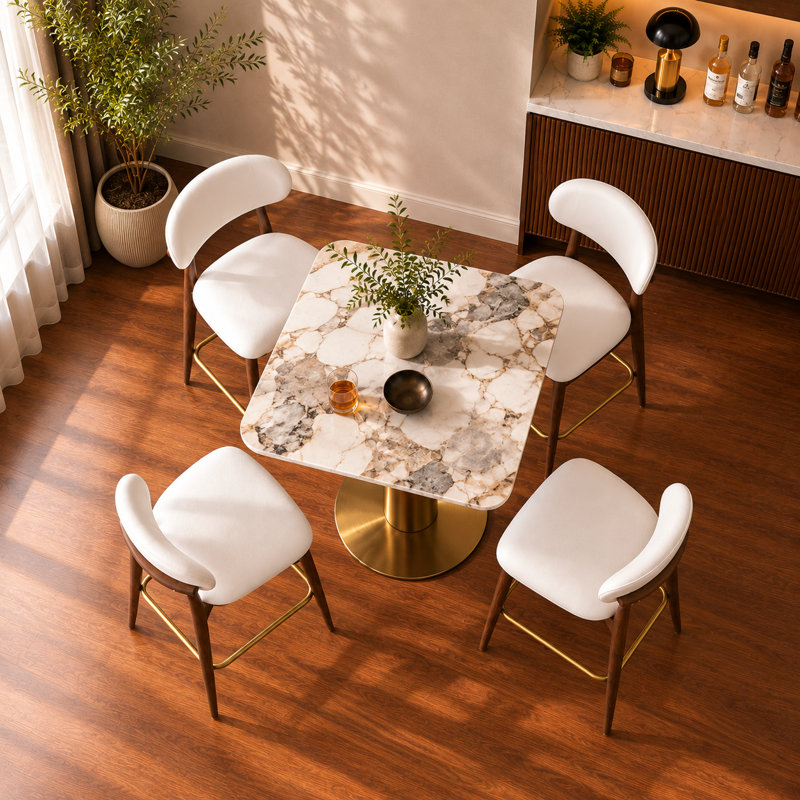 33.5''  Square Counter Height Pub Table（Bar Table） with Sintered Stone Top, Available in a variety of colors, Solid Rubberwood Pedestal Base and Gold Metal Bottom, Modern Bistro Table
