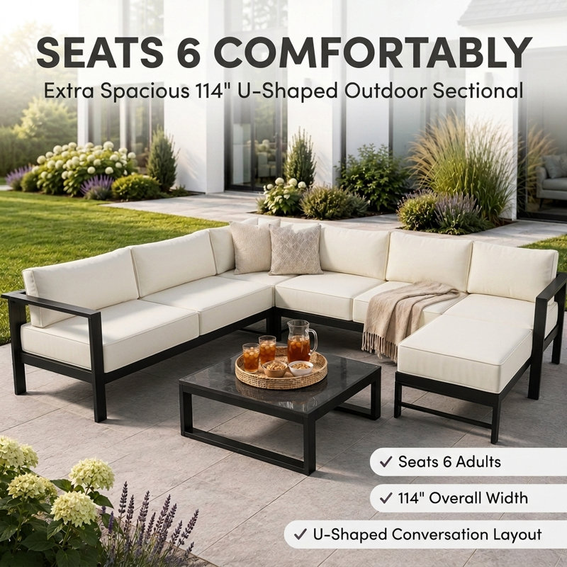 Canapé modulaire d'extérieur de 114 po en forme de U avec coussins de 6 po d'épaisseur, ensemble de conversation de patio moderne avec structure en fer, 6 sièges