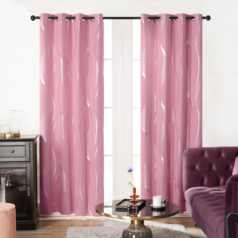 Spurgh Sliver Wave Foil Print Blackout Thermal Grommet Curtain Panels (Set of 2), Pink, 52" W x 108" L