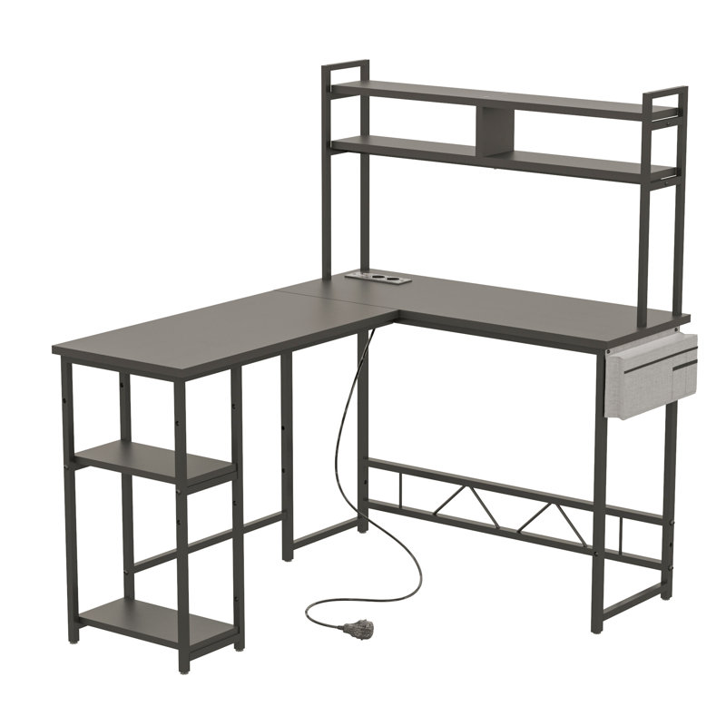 L-Shape Computer Desk 160cm x 50cm x 75cm with Adjustable Storage Rack, 150cm H x 160cm W x 120cm D, Black
