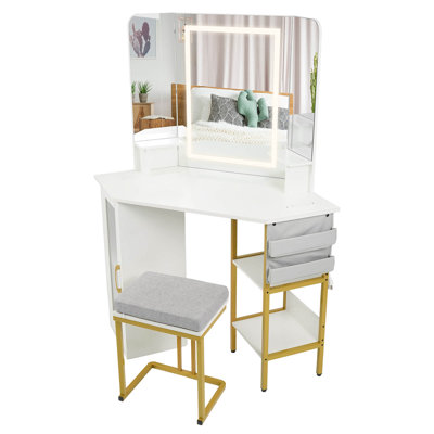 Corner Vanity Desk with Mirror Lights Triple Mirror 3 Lighting Modes Matching Chair