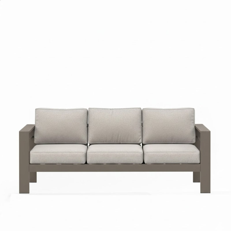 75-Inch All-Weather Metal 3-Seat Patio Sofa With Thick Beige Cushions | Gift Idea, Beige Cushion/Tan Frame