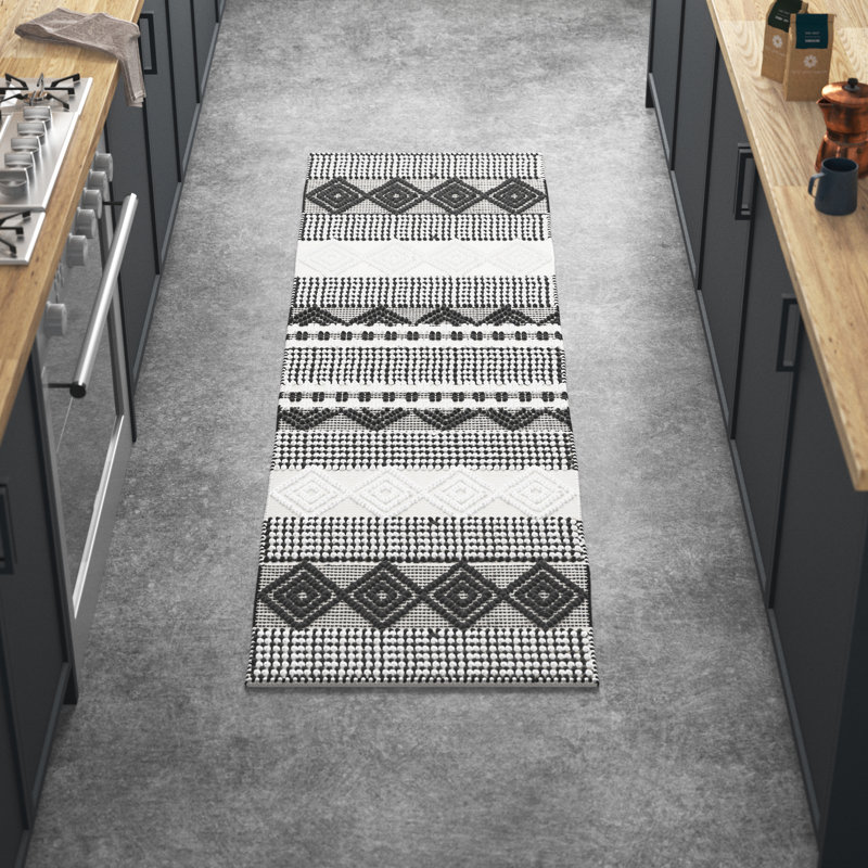 Tapis rayé en laine / coton ivoire / noir Stimpson, Tapis de couloir 2 pi 3 po x 6 pi