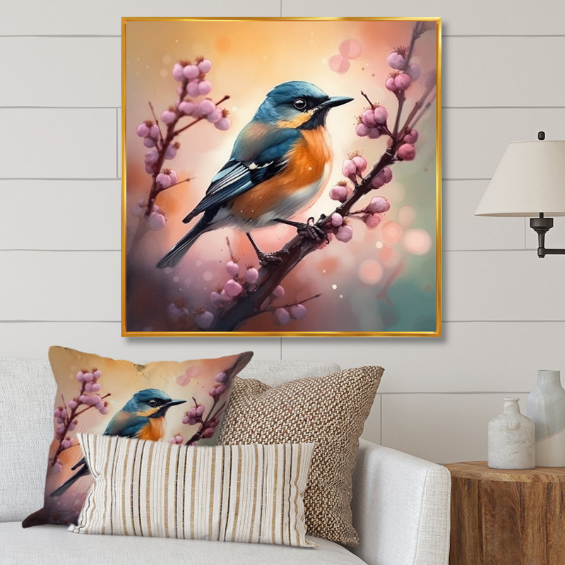 Décoration murale florale oiseau bleu sur un arbre II, H 30 po x l 30 po x P 1 po, Toile avec cadre flottant or