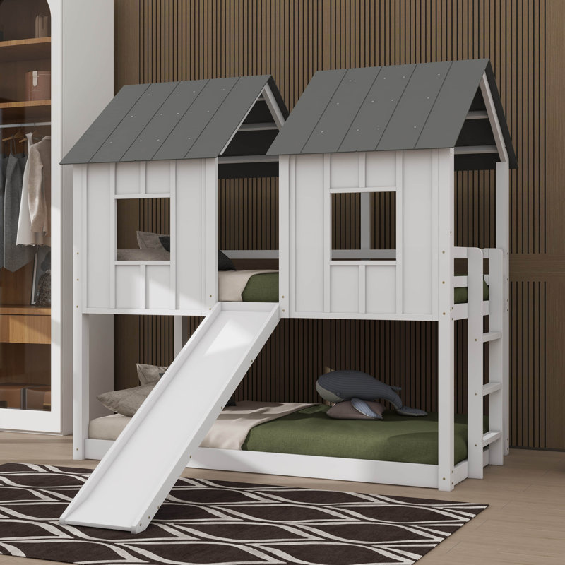 Twin-Over-Twin Bunk Bed In House Style With Slide And Window Elements
