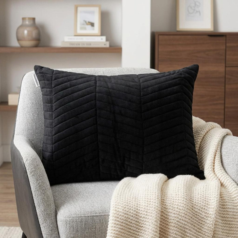 Black Quilted Velvet Zig Zag Decorative Lumbar Pillow, Black