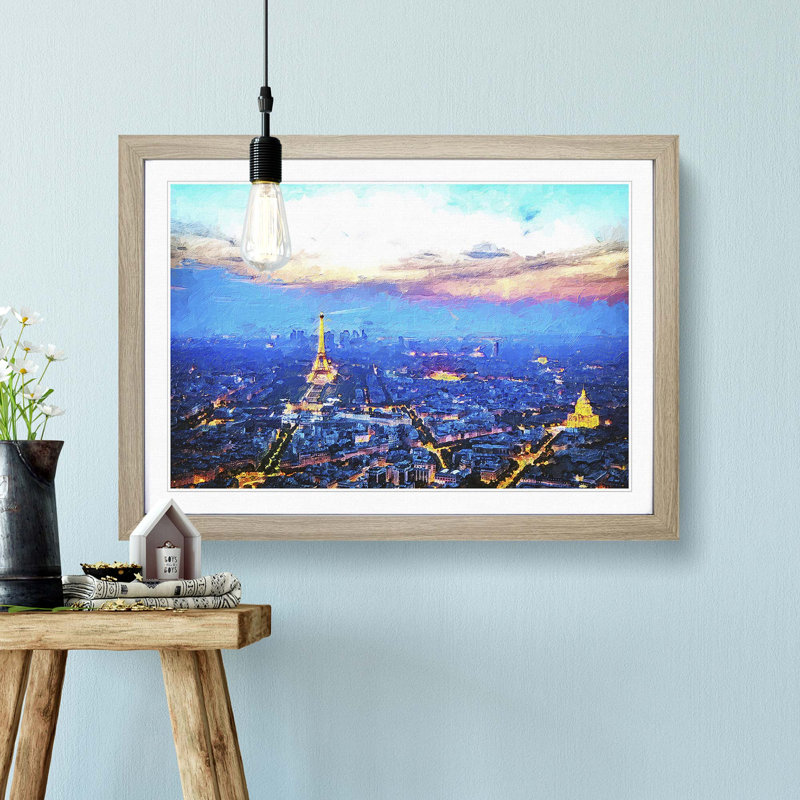 Paris Eiffel Tower Skyline at Dusk - Framed Print, 36cm H x 48cm W x 2cm D, Oak Framed