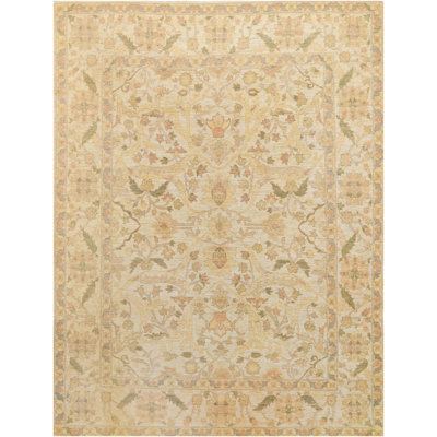Tapis unique en laine fabriqué à la main de 8 pi x 10 pi beige / vert / ivoire