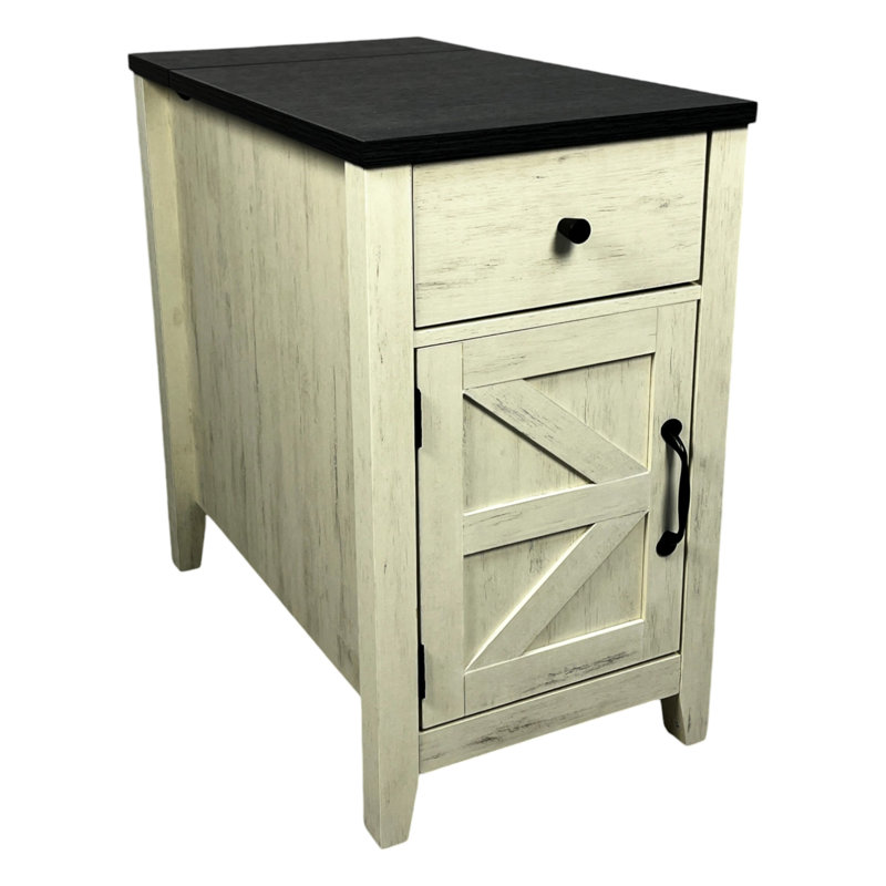 Table d'appoint blanche et noire avec ports de charge. Polyvalent et pratique pour le rangement dans la chambre à coucher