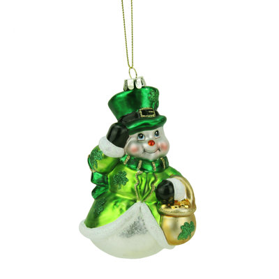 4.25" Green and White Glittered Snowman Glass Christmas Ornament