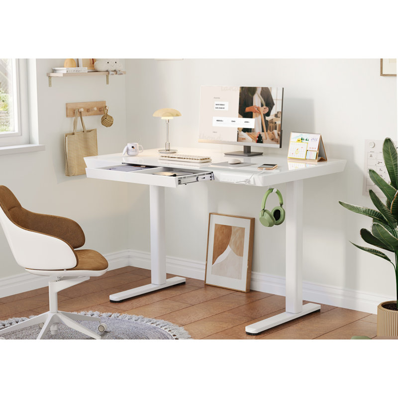 Odbert Tempered Glass Top Height Adjustable Standing Desk, Computer Desk with Drawer and USB Charge, Black